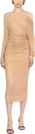 Self Portrait Kleedjes, Dames, Geel, S, Leer, Rhinestone Mesh Midi Jurk