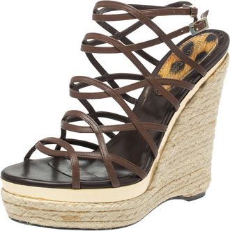 Roberto Cavalli Brown Leather Wedge Platform Espadrille Strappy Sandals