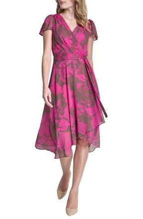 DKNY Flutter Sleeve Mock Wrap Dress in Modern Bloom at Nordstrom Rack, Size 8
