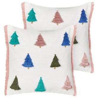 Beliani Conjunto De Cojines De Algod&oacute;n Estampado &Aacute;rbol De Navidad 45 X 45 Cm Funda De Algod&oacute;n Extra&iacute;ble Relleno Poli&eacute;ster Multicolor Skimmia