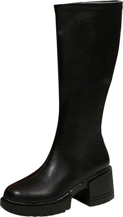 Generic Boots For Women Platform Chunky Heel Round Toe Combat Boots Elegant Slim Fit Side Zipper Mid Calf Booties Ladies Casual Shoes Autumn Winter Size 5.5