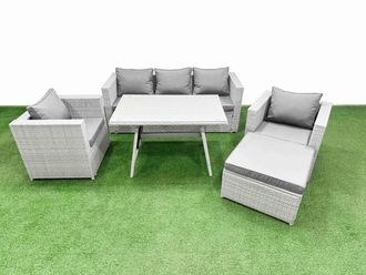 Fimous 6 Pieces Outdoor PE Rattan Sofa Armchair Set with Big Stool Light Grey