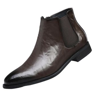 Generic Mens Flat Heel Chelsea Ankle Boots Pointed Toe Short Boots PU Leather Office Dress Shoes with Side Zipper,Brown,8.5 UK