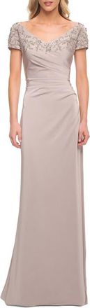 La Femme Crystal Detail Cap Sleeve Jersey Sheath Gown in Silver at Nordstrom, Size 10
