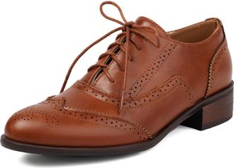 Generic Womens Multi Tone Oxford Lace Up Shoes with Wingtip Brogue Perforation Round Toe Low Chunky Heel Cushioned Insole Durable Vintage Style,Brown,6.5 UK