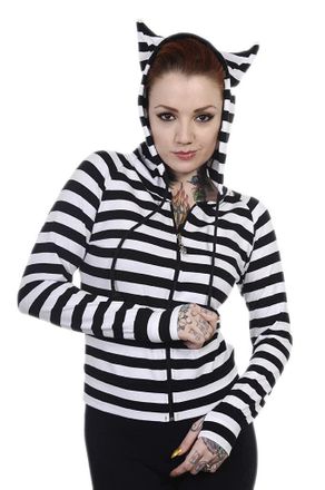 Banned Womens Cat Ears Striped Hoodie Black & White XL