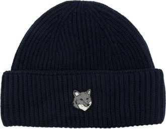 Maison Kitsun&eacute; Navy Wol Ribbel Logo Hoed - Heren - Hoeden - Blauw - ONE Size - Wol - Accessoires
