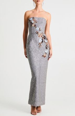 Helsi Silvia Floral Sequin Strapless Cocktail Dress in Platinum at Nordstrom, Size X-Small