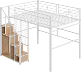 STILVORA Cama Alta 140 X 200 Cm Con Almacenamiento, Escalera Y Rejilla, Sin Colch&oacute;n, De Metal, Blanco
