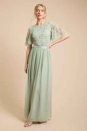 Oasis Womens Floral Embellished Mesh Angel Sleeve Maxi Dress - Green - Size 12 UK