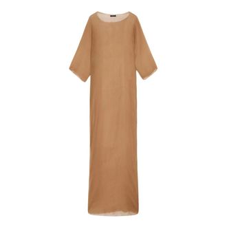 Cortana Zijde Bronzen Lange Jurk met Zijsplit - Dames - Maxi kleedjes - Bruin - M - Chiffon - Kleedjes