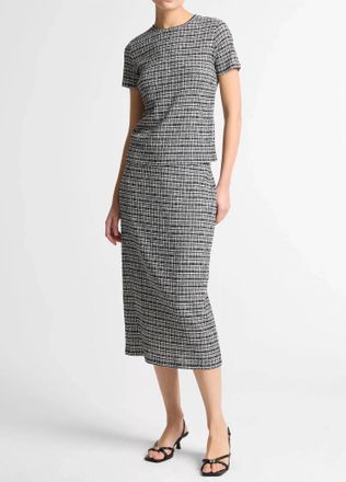 Vince Plaid Grid-Knit Short-Sleeve Crew Neck Top In Eclipse Combo