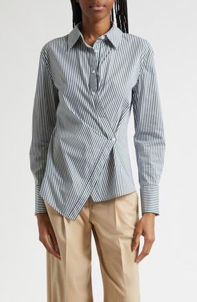 Veronica Beard Perezzi Stripe Asymmetric Button-Up Shirt in Pine/white at Nordstrom, Size 16