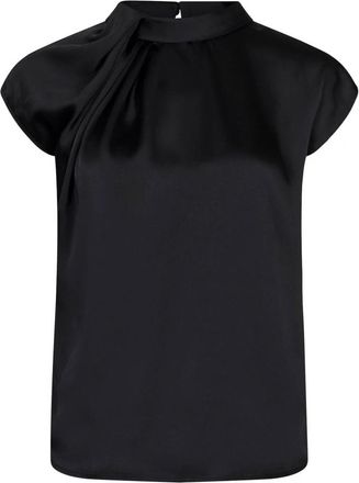 Neo Noir Zwarte Satijnen Drapy Blouse met Knoopdetail - Dames - Blouses - Zwart - L - Satijn - Overhemden