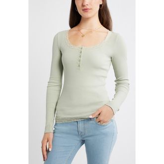 BP. Lace Trim Cotton Blend Rib Henley in Green Desert at Nordstrom, Size Xx-Small