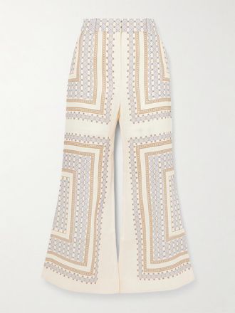 Zimmermann Pantaloni Cropped Svasati In Lino Stampato - Crema