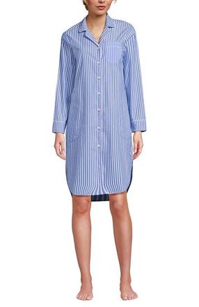 Lands End Cotton Poplin Long Sleeve Sleepshirt Nightgown in Muted Cobalt/pink Stripe at Nordstrom, Size X-Small P