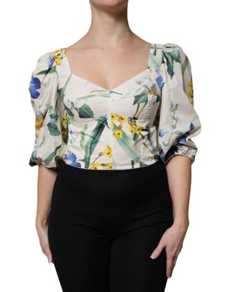 Dolce & Gabbana Womens White Floral Puff Sleeves Crop Blouse Top Cotton