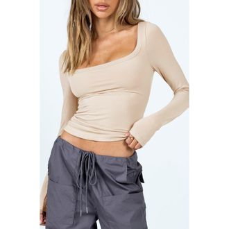 Princess Polly Arthie Long Sleeve Crop Rib Top in Light Beige at Nordstrom, Size 2