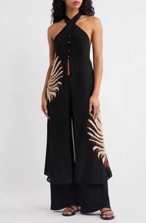 Farm Rio Ammonite Halter Neck Open Front Midi Tunic in Black at Nordstrom, Size X-Large