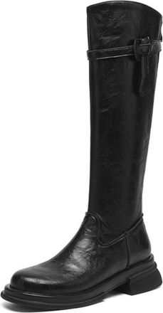 Generic Womens PU Leather Knee High Boots with Zipper Round Toe Casual Long Boots Chunky Heel Platform Boot with Buckle,Black,4.5 UK