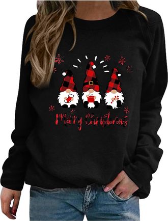 Generic Christmas Jumpers For Women Elf Shirts Funny Gnome Doll Print Pullover Cute Long Sleeve Crewneck Hoodies Ladies Christmas Sweatshirt Tops Xmas Loose P