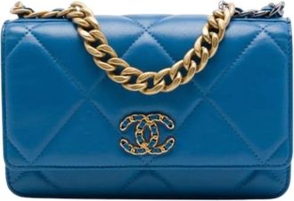 Chanel Pre-owned 19 Wallet on Chain - Dames - Vintage Schoudertas - Blauw - ONE Size - Leer - Vintage