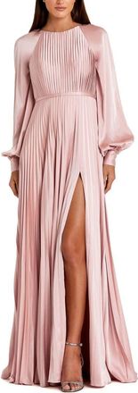 Mac Duggal Petite Pleated High Neck Raglan Long Sleeve Side Slit Gown in Blush at Nordstrom, Size 12P