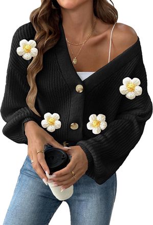 Generic Fall Open Front Cardigans Casual Cropped Sweater Cardigan Top Long Sleeve Loose Cardigan with Flowers Knit Cardigans Black