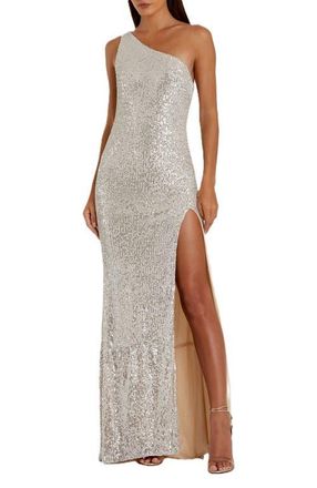 Mac Duggal Sequined One Shoulder Draped Back Gown in Silver at Nordstrom, Size 12