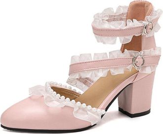 Generic Womens Pointed Toe Pumps PU Upper Double Ankle Strap Ruffled Chiffon Pearl Embellishment Block Heel Cushioned Insole Anti-Slip Durable Sole,Pink,2.5 U