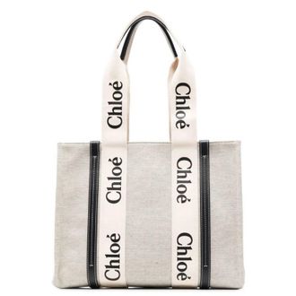 Chlo&eacute; Medium Woody Linen Logo Tote Bag