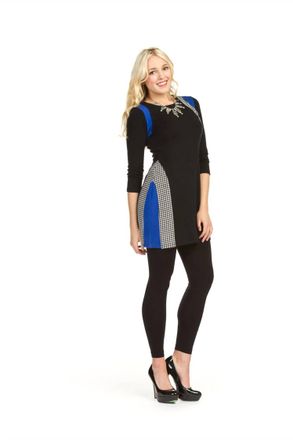 Papillon Color Block Houndstooth 3/4 Sleeve Dress In Black