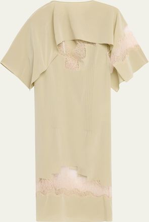 Ferragamo Lace-Inset Envers Silk Capelet Midi Dress