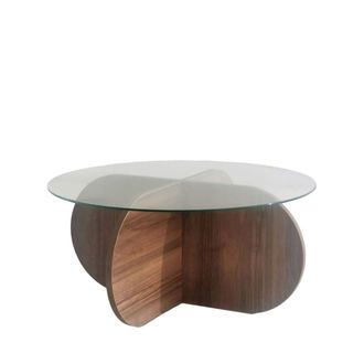 DRAWER Mesa de centro redonda vidrio templado y madera &oslash;75cm - Madera oscura