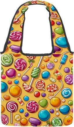 Generic Yellow Candy Pattern Reversible Canvas Shoulder Tote - Double-Sided Print, 12oz Cotton, 27cm Drop, Fold-Flat Bag for Travel, Shopping, Street Outings