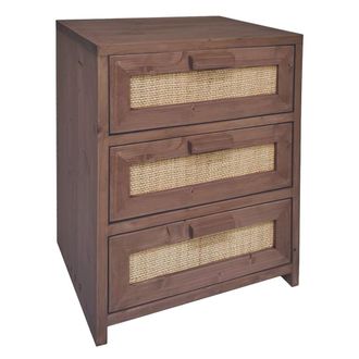 NATYAL Mesita de noche de madera y rafia natural 3 cajones tono oscuro 40cm