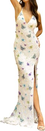 Primavera Beaded Butterfly Long Prom Dress In Ivory/multi