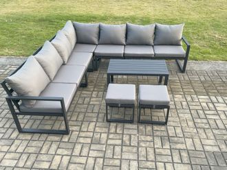 Fimous Aluminium Patio Outdoor Garden Furniture Lounge Corner Sofa Set with Oblong Coffee Table 2 Small Footstools Dark Grey