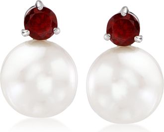 Ross-Simons 11-12mm Cultured Pearl and Garnet Earrings in Sterling Silver