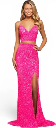 Sherri Hill Sequin Two Piece Gown In Neon Pink