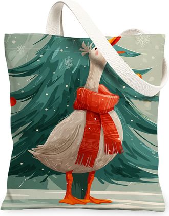 Generic Christmas Goose Canvas Tote Bags, Vintage Holiday Bird Pattern Reusable Grocery Bags, Winter Lightweight Washable Shoulder, Gray, 13x15 Inch