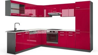 Vicco Cocina Esquinera R-line, Burdeos Brillo Intenso/antracita, 227 X 287 Cm, Et M&aacute;rmol