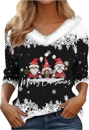 Generic Christmas Tops for Women UK Fashion Sparkly Christmas Tree Printed Jumppers Pllush for Collar V Neck Pullover Sweatshirt Ladies Casual Long Sleeve Shi