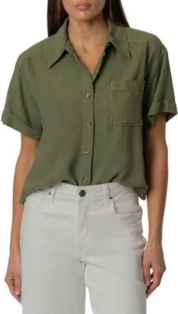 Kut from the Kloth Aida Linen Blend Short Sleeve Button-Up Top in Olive at Nordstrom, Size X-Small