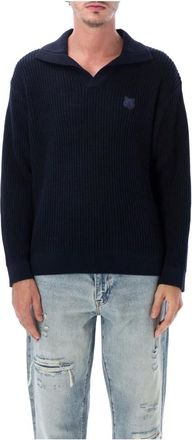 Maison Kitsun&eacute; Fox Head Katoen Ribgebreide Polo Trui - Heren - V-hals truien - Blauw - XL - Katoen - Truien & Vesten