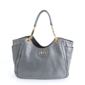 Ferragamo Gancini Gray White Leather Shoulder Bag Tote Bag (Pre-Owned)