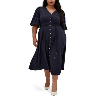 City Chic Dahlia Puff Sleeve Midi Dress in Navy at Nordstrom Rack, Size Xs/14W