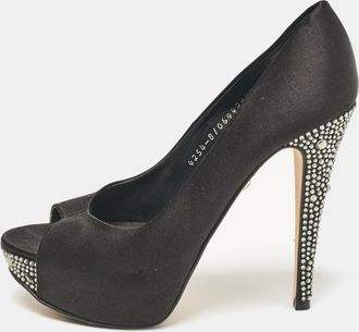 Gina Black Satin Crystal Embellished Peep Toe Pumps