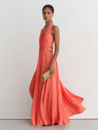 Reiss Coral Pink Halterneck Pleated Maxi Dress, 10